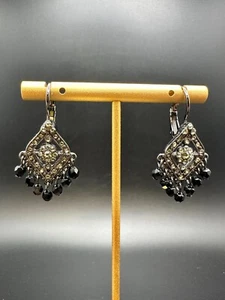 Joan Rivers Leverback Earrings Gunmetal Finish Crystals Black - Picture 1 of 13