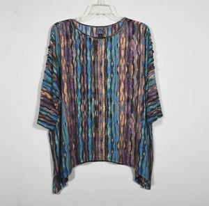 Clara Sun Woo Purple Blue Teal Tan Striped Shark Bite Pull Over Blouse Size S - Picture 1 of 5