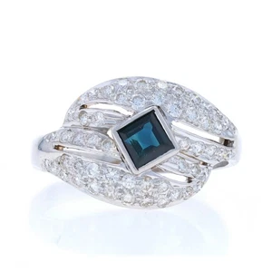 White Gold Sapphire Diamond Cluster Cocktail Ring 18k Square 1.10ctw - Picture 1 of 9