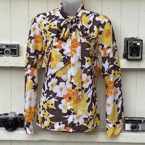 Vintage 1970s Pussybow Blouse Psychedelic Secretary Shirt UK14 Flower Power - Picture 1 of 9