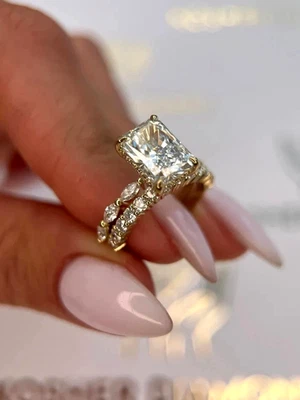 Hidden Halo Bridal Band Ring Set Radiant Cut Moissanite 14k Yellow Gold Plated - Image 1 of 4