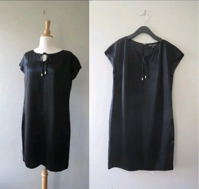 Retro Brooks Brothers Negro Satén Seda Túnica Cambio Vestido Lazo Borlas Talla 10 Nuevo Foto 1 de 4