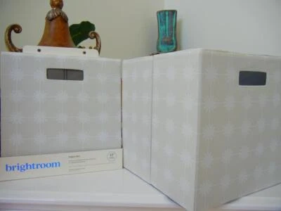 BRIGHTROOM FABRIC STORAGE BIN CUTOUT HANDLES FOLDABLE LIGHT GRAY WHITE SET OF 2 - Image 1 of 4