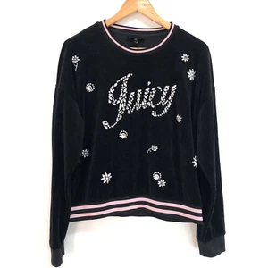 Juicy Couture Black Velour Jumper Crystal Embellished Logo Floral Accents Large - Picture 1 of 18