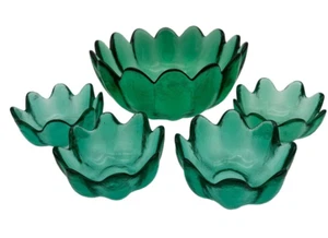 Blenko Glass Teal Green Salad Bowl Set Made in USA Master Bowl and 4 Salad - Picture 1 of 6