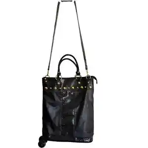 Cesco Large Barbouska Tote Crocodile Embossed Black Gold Accented Crossbody - Picture 1 of 15