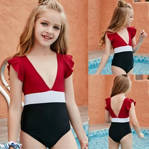 Girls Swimwear Beachwear Deep V Slim Teenager Bikini Swimming Bodysuit - Picture 1 of 15