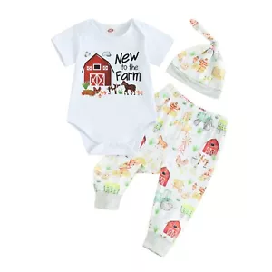 Newborn Baby Farm Outfit Letter Romper Tractor Pants Hat 3PCS Country Set - Picture 1 of 7