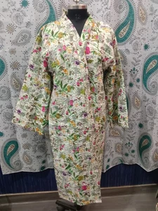 Indian Handmade White Kantha Jacket 100% Cotton Nightwear Coat Kimono Bath Robe - Picture 1 of 8