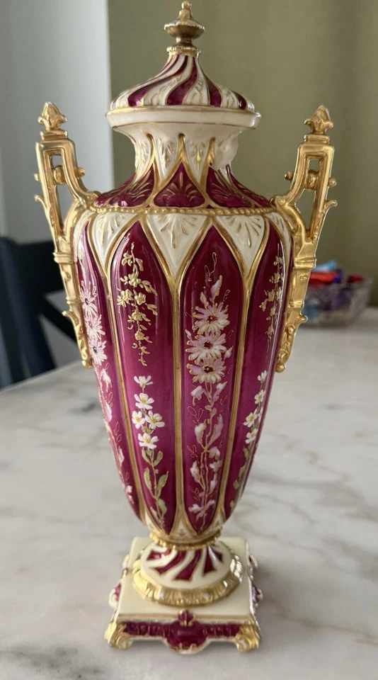 Antique RW Rudolstadt Germany Porcelain Urn Vase Hand Painted Floral Gold 14” - Image 1 of 4