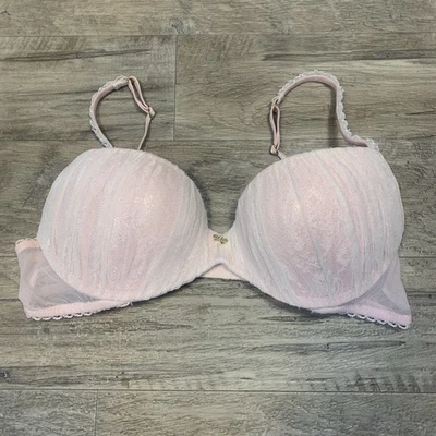 Sujetador Victoria Secret De Colección y2k Plisado Encaje Borde Brillante Demi Push Up Lazo Rosa 34 B Foto 1 de 4