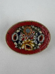 VTG Red Floral Micro Mosaic Braided Twist Gold Tone Pin Back Brooch EUC - Picture 1 of 5