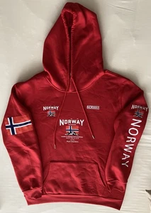Herren Kapuzenpullover Hoody mit Norwegen-Flagge  "Ein Bergland"  Gr. L rot NEU - Bild 1 von 9