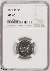1961-D Jefferson Nickel NGC MS66 ~ RARE IN HIGH GRADES! - Picture 1 of 2