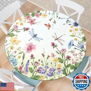 VBDFD Spring Floral Round Fitted Tablecloth with Elastic Waterproof Outdoor T - Picture 1 of 5