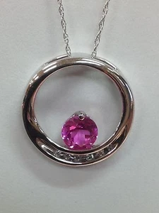 14K Weißgold runder rosa Topas und Diamant Kreis Anhänger mit Kette Neu - Bild 1 von 9