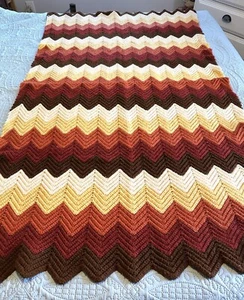 Fall Color Chevron throw Afghan Blanket 68 x 39 Brown, Cream, Red, Yellow - Picture 1 of 15