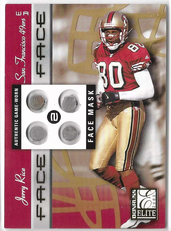 JERRY RICE 2001 DONRUSS ELITE FACE 2 FACE GAME-WORN MASK CARD #4/100! - Image 1 of 1