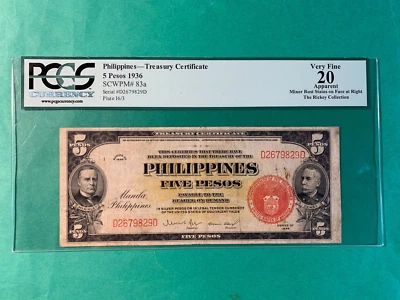 FILIPINAS 1936 CERTIFICADO DE TESORERÍA DE 5 PESOS P-83a graduación profesional en estado bastante bueno 20 aparente Foto 1 de 2