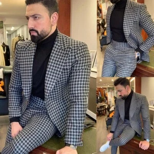 Traje de hombre pata de gallo pata de perro lujo ocio graduación fiesta novio esmoquin blazer - Imagen 1 de 12