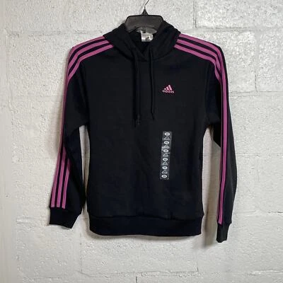 Adidas 3-Stripe Cotton Fleece Sweatshirt Hoodie - Black/semi Pulse Lilac XS - Image 1 of 4