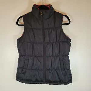 Womens Merona Reversible Puffy Vest Black And Red Plaid Small - Picture 1 of 11