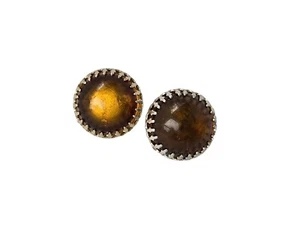 Hong Kong Signed Amber Plastic Cabochon Clip Earrings w/ Fancy Prongs - Picture 1 of 5