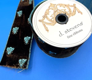 D Stevens designer RIBBON wired brown velvet embroidered blue BEES 3.5+yds W 3" - Picture 1 of 6