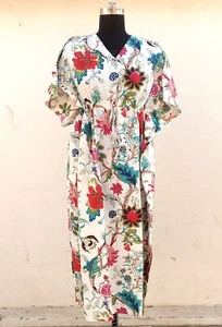 Indian Cotton White Floral Printed Kaftan Dress Women's Clothing Kaftan Dress US - Picture 1 of 3