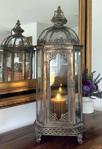 Jugendstil Laterne Windlicht Glas Metall Landhaus Laterne 60 cm Antik Stil Deko - Bild 1 von 8