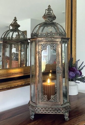 Jugendstil Laterne Windlicht Glas Metall Landhaus Laterne 60 cm Antik Stil Deko - Bild 1 von 4