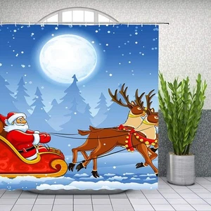Christmas Shower Curtain New Year Cloth Fabric Bathroom Decor-Green Red 72 In - Picture 1 of 5