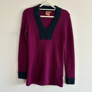Tory Burch 100% Kaschmir Pullover Strick Tunika V-Ausschnitt Damen Small Lila/Marine - Bild 1 von 5