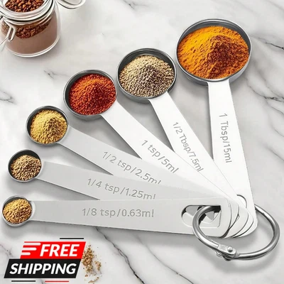Stainless Steel Measuring Spoons Set 4.9″ Teaspoon Tablespoon Scoop Silver 6pcs - Image 1 of 4