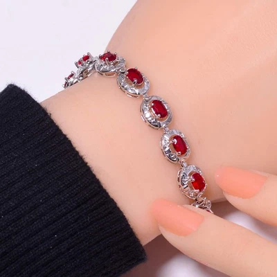 Pulsera Tenis Granate Rojo Plata de Ley 925 7.99", Regalo Navidad B72513 Foto 1 de 4