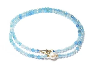 Aquamarine Chains IN Facetted Ball Form with One Freshwater Pearl 925 Silver - Picture 1 of 3