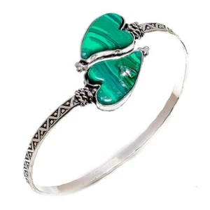 Heart - Malachite Gemstone 925 Sterling Silver Cuff Bracelet Adst. d401 - Picture 1 of 6