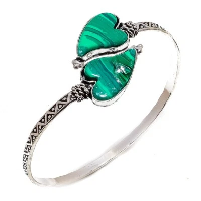 Heart - Malachite Gemstone 925 Sterling Silver Cuff Bracelet Adst. d401 - Image 1 of 4