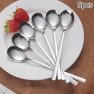 5pcs Long Handle Korean Soup Spoon Stainless Steel Round Dinner-Spoons - Picture 1 of 3