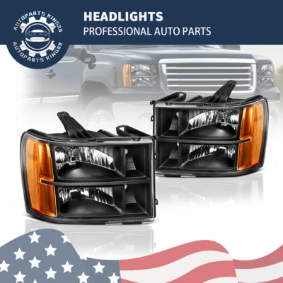 For 2007-2013 GMC Sierra 1500 2500HD 3500HD Black Housing Headlights Amber Lamps - Image 1 of 4