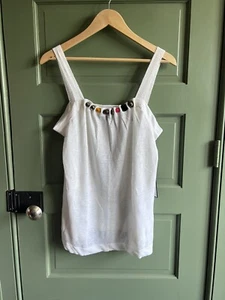 Christopher Fischer weißer Leinen Strick Tank Pullover Perlen verziert Gr. L Neu mit Etikett - Bild 1 von 10