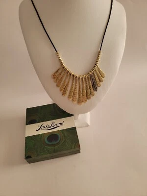 Lucky Brand Statement Feather Gold Tone Paddles Leather Cord Necklace 30" - Image 1 of 4