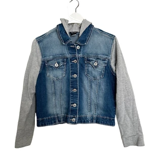 Aryria Girls Cropped Jean Jacket L (16-18) Blue Denim Hooded Button Up - Picture 1 of 5