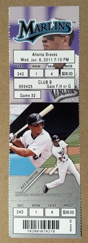 Miami Florida Marlins Ticket Stub 06-08-11 vs Braves Giancarlo Stanton - L2 Cover