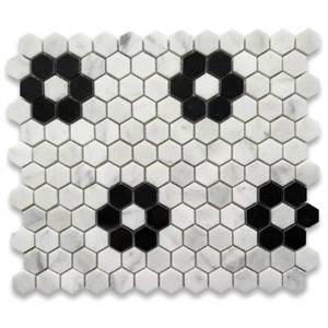 C31F1XP Carrara White 1" Hexagon Black Marble Rosette Mosaic Tile Polished - Picture 1 of 10