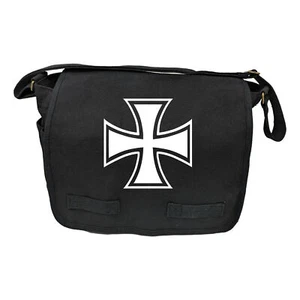 Black Cotton Canvas Military Messenger Bag White Iron Cross - Picture 1 of 3
