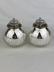 2 Mirrored Crackle Glass Sphere Tea Light Candle Holder Silver Rim Holiday Decor