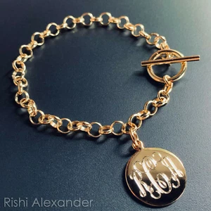 Brazalete Dije Grabado con Eslabón Palanca Enchapado en Oro 925 Plata Esterlina - Imagen 1 de 5