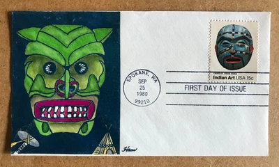 1980 FDC Indian Art Heiltsuk Bella Bella Scott #1834; Hand-painted by "Ham" - Image 1 of 3