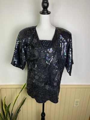 Vintage 100% Silk Sequin Blouse M Evening Glam Formal Cocktail 80s Disco Beaded - Image 1 of 4